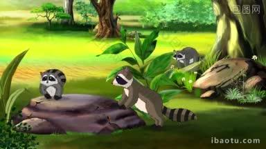 浣熊一家在春天的森林里玩手工制作的超高清动画动画
